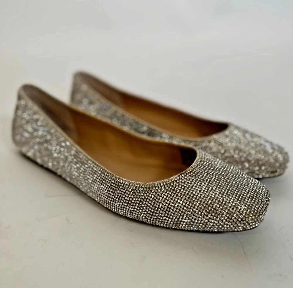 INC Silver Rhinestone Ballet Flats Size 10 Sparkle Slip-On